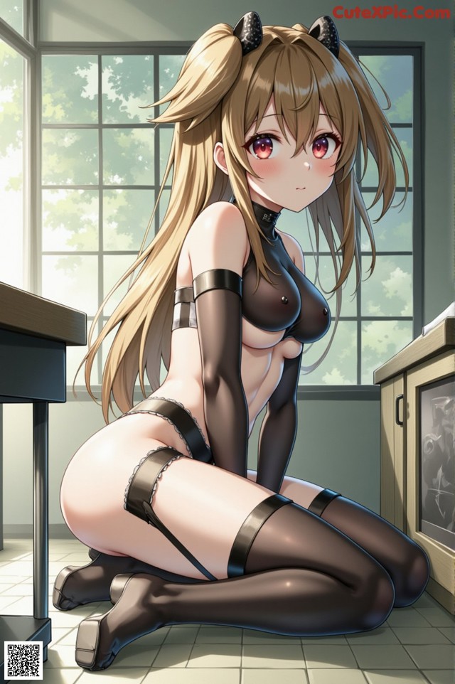 A woman in a black lingerie sitting on the floor.