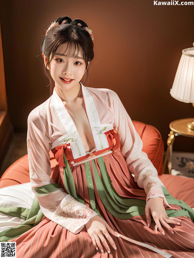 A woman in a pink and green dress sitting on a bed.