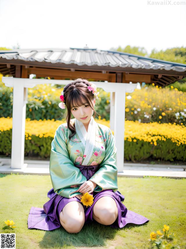 A woman in a kimono sitting on the grass with a flower in her hair.