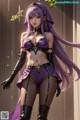 A woman with long purple hair wearing a purple outfit.