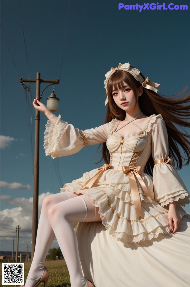 A woman in a white dress sitting on a pole.