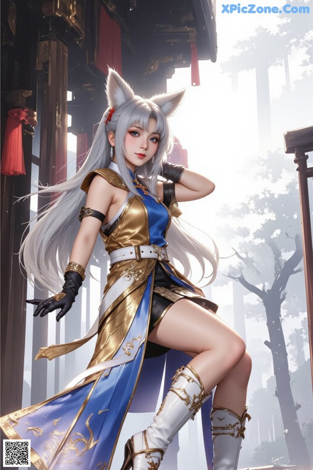 A woman in a blue and gold outfit is posing for a picture.